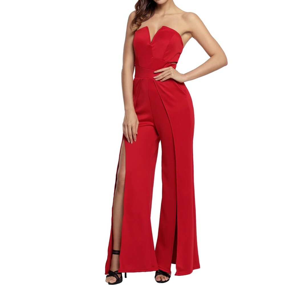 Backless Notched Neck Bare Shoulders Split Wide Pants Strapless Tube Jumpsuit - Picture 6 of 7